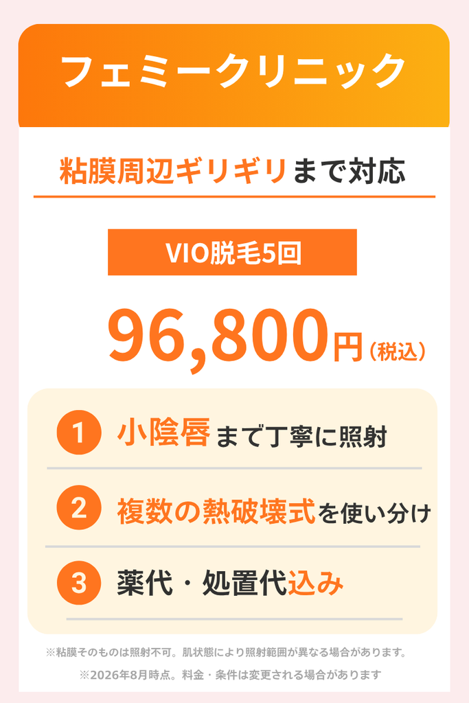 フェミークリニックのVIO脱毛は5回96,800円。小陰唇など粘膜周辺まで丁寧に照射